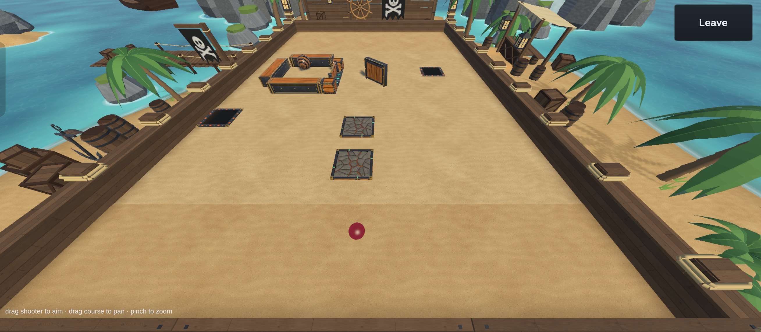 Outmarbled in-game screenshot: a pirate-themed course on a sandy beach, with the red shooter marble and the target marble