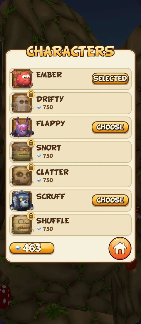 Digging Deep character select: Ember, Drifty, Flappy, Snort, Clatter, Scruff and Shuffle